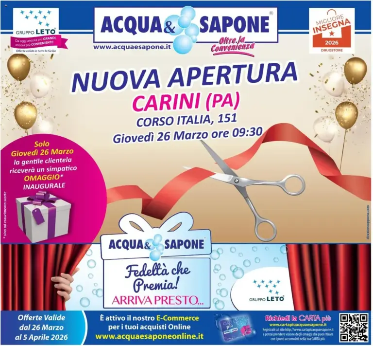 Acqua E Sapone volantino dal 26.03.2026 – Grandi Offerte Carini dal Giovedì