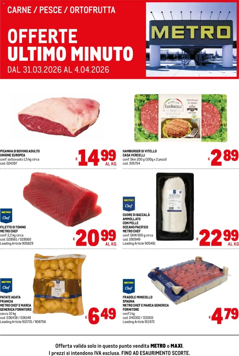 Metro volantino 31.03 al 4.04.2026 Offerte Ultimo Minuto Freschissimi