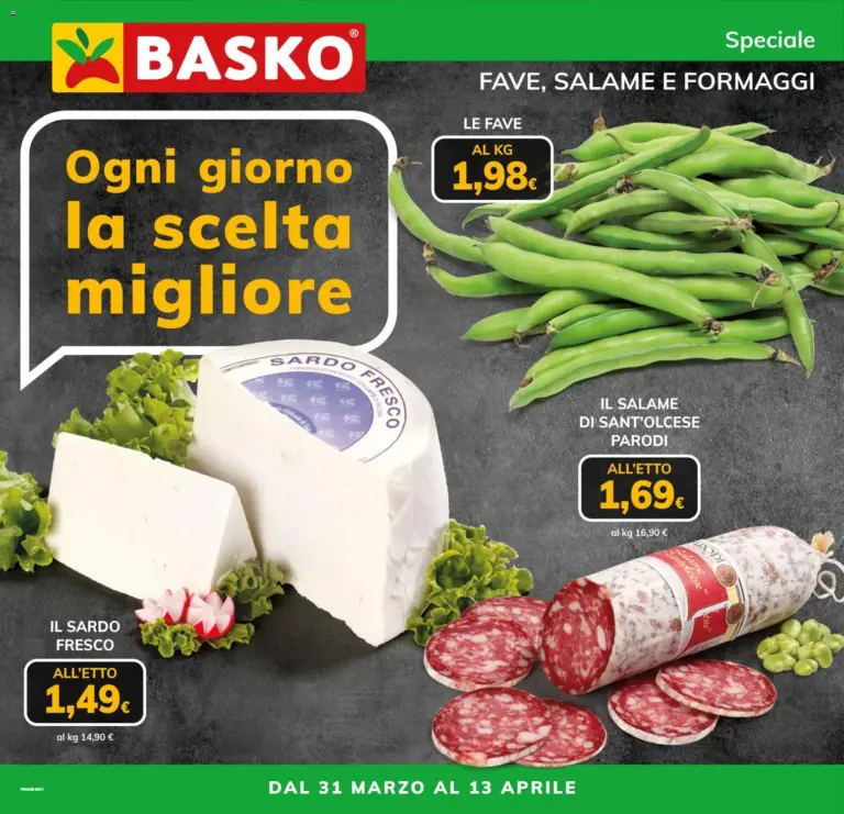 Basko volantino dal 31 marzo al 13 aprile Speciale Fave, Salame e Form